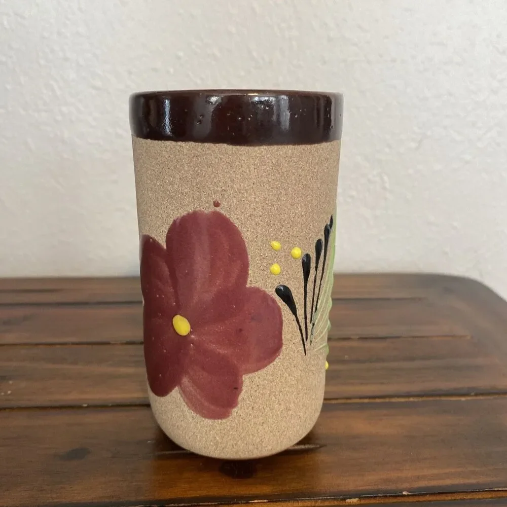 Vintage Mexican Art Pottery Stoneware Vase Hand Painted Floral Flowers 5”